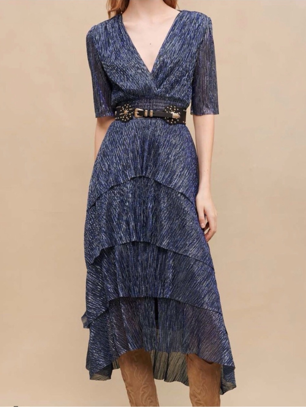 Maje Metallic Black V-Neck Ruffle Midi Dress EU size 36 Us size XS/S